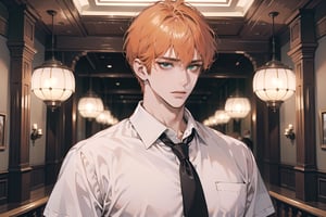 ((orange short curly hair)), (freckle), green eyes, handsome, angular jaw, thick neck, shy, ((solo focus)), ((white short hair)), (Left side-parting bangs), green eyes, handsome, mature, angular jaw, thick neck, ((white)) ((shirt:1.3)), short sleeve, tie, by Raphael, masterpiece, upper body shot, magnificent indoor hall,Riadon,1 boy,1 man