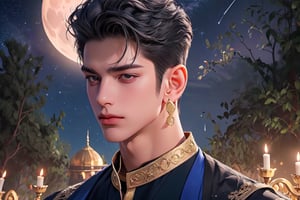 RWA photo, best quality, masterpiece, 8K resolution, ((solo:1.3)), ((1boy)), ready for battle, Europe beautiful teen boy, exquisite facial features, wearing luxurious blue Kurta, adorned with golden earrings, ((black short hair)), ((curly hair)), black eyes, close up portrait, perfect figure, cinematic lighting, in starlit night with big moon, at acient palace