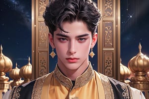 RWA photo, best quality, masterpiece, 8K resolution, ((solo:1.3)), ((1boy)), ready for battle, Europe beautiful teen boy, exquisite facial features, wearing luxurious blue Kurta, adorned with golden earrings, ((black short hair)), ((curly hair)), black eyes, close up portrait, perfect figure, cinematic lighting, in starlit night with big moon, at acient palace