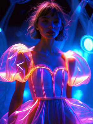 Soft focus on a woman fashion model, bathed in a mesmerizing glow from tiny neon glass filaments. She wears a balloon puff dress, its intricate folds and delicate textures rendered in photorealistic 8K detail. The camera captures her candid moment with RAW intimacy, as if shot on 16mm film. Her skin exhibits textured details, including realistic noise, fuzz, and subtle dryness, all captured with cinematic precision. Framed against a dark background, the neon filaments dance around her, casting an ethereal aura.