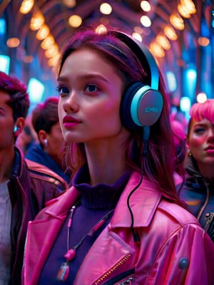 In this stunning 4K masterpiece, a youthful beauty donning a vibrant pink jacket and sleek headphones stands confidently amidst a sea of onlookers. Her gaze drifts sideward, lost in thought as she surveys the surrounding crowd. Softly lit by warm overhead bulbs, her features are captured with photorealistic precision, showcasing every delicate curve and nuance. The high-resolution composition masterfully balances the subject's bold statement piece (the pink jacket) against the humbled sea of faces, creating an ultra-detailed visual feast that pops with depth and dimensionality.