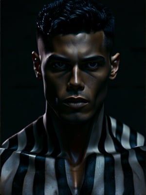 Close-up shot of a masculine figure with short, jet-black hair framing his chiseled features. He fixes the viewer with a piercing gaze, his eyes burning with intensity. Wearing a photorealistic, ultra-detailed, vertically-striped shirt that seems to hum with energy, he exudes confidence and masculinity. His upper body, a masterclass in realistic proportions, appears sculpted from granite. The subtle curve of his lips and the intensity of his stare evoke an air of mystery, drawing the viewer inexorably into his enigmatic presence.