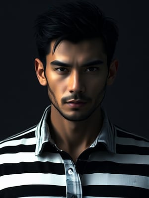 best quality, 4k, 8k, masterpiece, ultra-detailed, photorealistic, looking at viewer, short hair, shirt, black hair, man, closed mouth, upper body, male focus, striped clothes, striped shirt, realistic, vertical-striped shirt