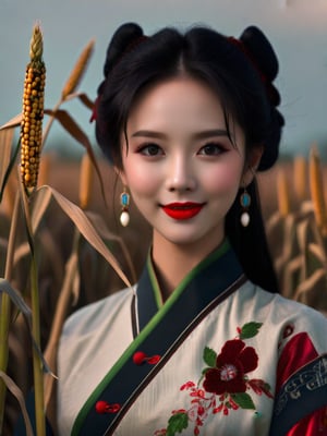 best quality, 4K, 8K, high-resolution, masterpiece, ultra-detailed, photorealistic,  an asian woman in traditional clothing standing in the middle of a field with corn stalks in the background, woman, long hair, looking at viewer, black hair, closed mouth, jewelry, brown eyes, upper body, outdoors, earrings, sky, day, blurry, black eyes, blurry background, makeup, depth of field, chinese clothes, realistic, red lips, asian, photorealistic