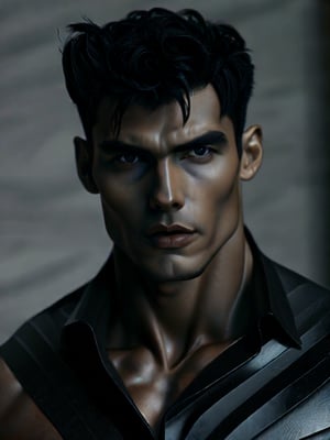 Close-up shot of a masculine figure with short, jet-black hair framing his chiseled features. He fixes the viewer with a piercing gaze, his eyes burning with intensity. Wearing a photorealistic, ultra-detailed, vertically-striped shirt that seems to hum with energy, he exudes confidence and masculinity. His upper body, a masterclass in realistic proportions, appears sculpted from granite. The subtle curve of his lips and the intensity of his stare evoke an air of mystery, drawing the viewer inexorably into his enigmatic presence.