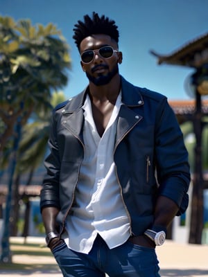 best quality, 4k, 8k, masterpiece, ultra-detailed, photorealistic, looking at viewer, shirt, black hair, man, standing, jacket, white shirt, male focus, outdoors, open clothes, sky, pants, day, dark skin, blurry, bracelet, tree, blurry background, facial hair, sunglasses, dark-skinned male, blue jacket, denim, building, beard, watch, jeans, blue pants, hands in pockets, wristwatch, photo background, denim jacket