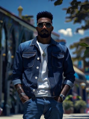 best quality, 4k, 8k, masterpiece, ultra-detailed, photorealistic, looking at viewer, shirt, black hair, man, standing, jacket, white shirt, male focus, outdoors, open clothes, sky, pants, day, dark skin, blurry, bracelet, tree, blurry background, facial hair, sunglasses, dark-skinned male, blue jacket, denim, building, beard, watch, jeans, blue pants, hands in pockets, wristwatch, photo background, denim jacket