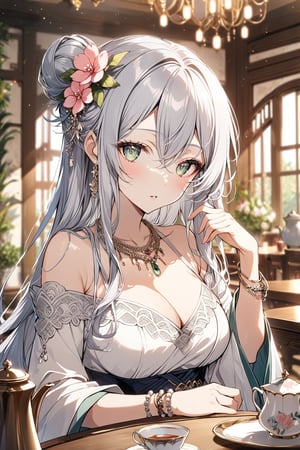 1girl, solo, long hair, breasts, looking at viewer, bangs, hair ornament, long sleeves, dress, cleavage, hair between eyes, bare shoulders, jewelry, medium breasts, very long hair, green eyes, upper body, flower, grey hair, parted lips, indoors, hand up, hair flower, wide sleeves, necklace, off shoulder, hair bun, white dress, blurry, bracelet, cup, window, depth of field, blurry background, table, single hair bun, pink flower, teacup, beads, teapot, tea