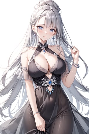 1girl, solo, long hair, breasts, looking at viewer, large breasts, silver hair, hair ornament, dress, cleavage, jewelry, earrings, hair bun, black dress, bracelet, see-through, clothing cutout, facial mark, cleavage cutout, forehead mark