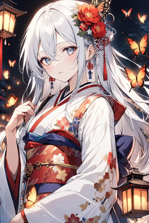 1girl, solo, long hair, looking at viewer, bangs, blue eyes, hair ornament, long sleeves, holding, hair between eyes, jewelry, flower, white hair, earrings, parted lips, japanese clothes, wide sleeves, kimono, sash, obi, bug, red flower, butterfly, lantern, white kimono