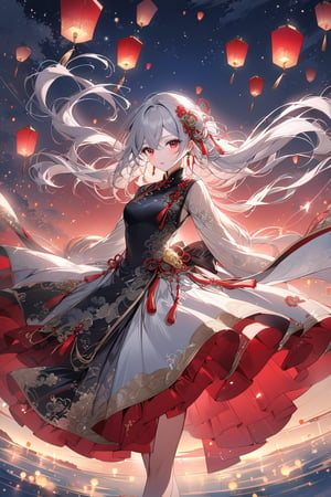 1girl, solo, long hair, looking at viewer, bangs, red eyes, dusk,sky lantern,  hair between eyes, shiny silver hair, chinese clothes, Elegant movements,parted lips,lipstick,serene atmosphere, full body