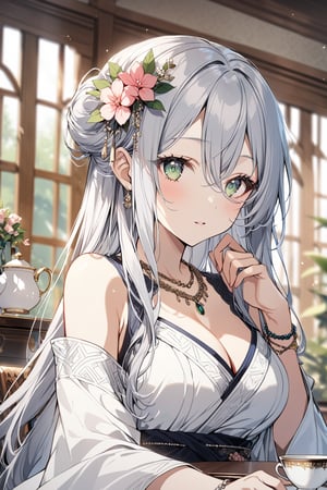 1girl, solo, long hair, breasts, looking at viewer, bangs, hair ornament, long sleeves, dress, cleavage, hair between eyes, bare shoulders, jewelry, medium breasts, very long hair, green eyes, upper body, flower, grey hair, parted lips, indoors, hand up, hair flower, wide sleeves, necklace, off shoulder, hair bun, white dress, blurry, bracelet, cup, window, depth of field, blurry background, table, single hair bun, pink flower, teacup, beads, teapot, tea