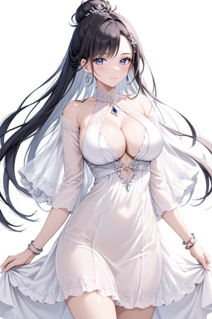 1girl, solo, long hair, breasts, looking at viewer, large breasts, black hair, hair ornament, dress, cleavage, jewelry, earrings, hair bun, white dress, bracelet, see-through, clothing cutout, facial mark, cleavage cutout, forehead mark