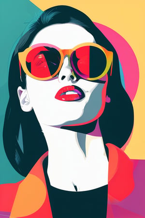 A flat design illustration of a woman wearing sunglasses, with vibrant and contrasting colors. The style is clean and modern, featuring simple geometric forms, limited shading, and a balanced composition. The colors are bold and dynamic, giving a fresh and retro-futuristic look.