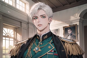 1 teen boy, solo, ((white short hair)), green eyes, mature, ((small shoulder: 0.6)), handsome, angular jaw, thick neck, military, soldier, army, Uniform, by Raphael, masterpiece, upper body shot, magnificent indoor hall
