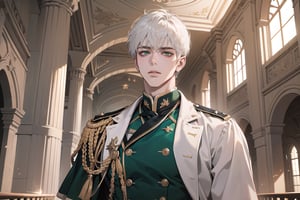 1 teen boy, solo, ((white short hair)), green eyes, mature, ((small shoulder: 0.6)), handsome, angular jaw, thick neck, military, soldier, army, Tunic, by Raphael, masterpiece, upper body shot, magnificent indoor hall
