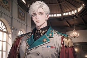 1 mature man, solo, ((white short hair)), green eyes, ((small shoulder: 0.4)), handsome, angular jaw, military, soldier, army, Suit, by Raphael, masterpiece, upper body shot, magnificent indoor hall
