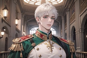 1 teen boy, solo, ((white short hair)), green eyes, mature, ((small shoulder: 0.4)), handsome, angular jaw, thick neck, military, soldier, army, Tunic, by Raphael, masterpiece, upper body shot, magnificent indoor hall
