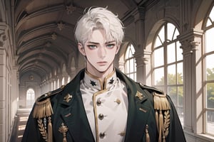 1 teen boy, solo, ((white short hair)), green eyes, mature, ((small shoulder: 0.6)), handsome, angular jaw, thick neck, military, soldier, army, Tunic, by Raphael, masterpiece, upper body shot, magnificent indoor hall
