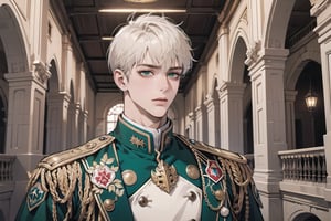 1 teen boy, solo, ((white short hair)), green eyes, mature, ((small shoulder: 0.6)), handsome, angular jaw, thick neck, military, soldier, army, Uniform, by Raphael, masterpiece, upper body shot, magnificent indoor hall
