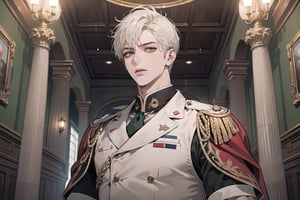 1 teen boy, solo, ((white short hair)), green eyes, mature, ((small shoulder: 0.4)), handsome, angular jaw, thick neck, military, soldier, army, Tunic, by Raphael, masterpiece, upper body shot, magnificent indoor hall
