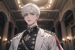 1 man, solo, ((white short hair)), green eyes, mature, ((small shoulder: 0.4)), handsome, angular jaw, thick neck, military, soldier, army, Tunic, by Raphael, masterpiece, upper body shot, magnificent indoor hall
