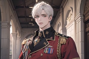 1 teen boy, solo, ((white short hair)), green eyes, mature, ((small shoulder: 0.6)), handsome, angular jaw, thick neck, military, soldier, army, Uniform, by Raphael, masterpiece, upper body shot, magnificent indoor hall
