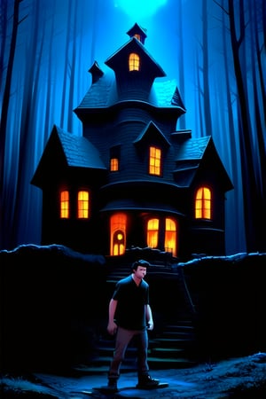 Create a pixar, 3d, the character is a young man with black hair, light skin tone, wearing, a black shirt, khaki pants, and black warriors, haunted house. On a dark and stormy night, a handsome young man named Ardi dared to enter the haunted house at the edge of the forest. Ensure the illustration has a warm