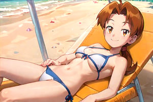 score_9,score_8_up, score_7_up, score_6_up, 
solo, smile, bikini, smile, eyes half closed, beach, beach_chair, masterpiece, best quality, detailed, source_cartoon, show_accurate, laying on back, looking at viewer,deliaketchum, brown hair, low ponytail 