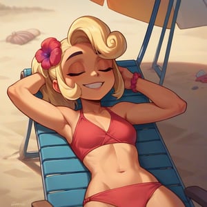 score_9,score_8_up, score_7_up,
 source_cartoon, on back, beach, beach chair, smile, eyes closed, female_solo, hands behind, head,coco