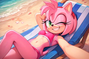 score_9,score_8_up, score_7_up, score_6_up, 
1 girl, amy_rose, smile, pink bikini,wink, grin, beach, beach_chair, masterpiece, best quality, detailed, source_cartoon, show_accurate, laying on back, selfie, looking at viewer. grin, hand behind head,