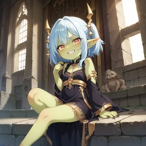 score_9,score_8_up, score_7_up,
 source_cartoon, 1girl, goblin girl, solo, GoblinGrimgrim, bone throne, castle, black dress, sitting. grin,