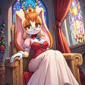 score_9,score_8_up, score_7_up, score_6_up, 
 source_cartoon,vanilla the rabbit, sitting on an ornate throne, long royal dress, golden crown, castle, stained glass, white gloves,