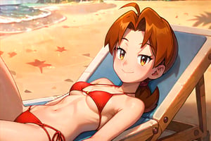 score_9,score_8_up, score_7_up, score_6_up, 
solo, smile, bikini, smile, eyes half closed, beach, beach_chair, masterpiece, best quality, detailed, source_cartoon, show_accurate, laying on back, looking at viewer,deliaketchum, brown hair, low ponytail 