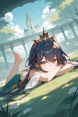  (score_9, score_8_up, score_7_up), highly detailed, best quality, ((masterpiece)), high resolution, source_anime, uncensored, Dutch angle,
1girl, yunli, crown, solo, barefoot, closed mouth, outdoors, dappled sunlight, full body, lying, on stomach, head rest, looking at viewer, smile,