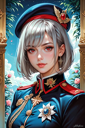 score_9, score_8_up, score_7_up, rating_explicit, (masterpiece, Highest quality:1.4), (beautiful, beautiful, perfection, delicate, Complex:1.2), (cute, Adorable), (Depth of written border:1.2), Realistic Face:1.2, 1woman, bob cut, gray hair, red eyes, military uniform, beret, night view,