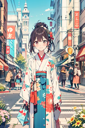 "Japanese illustration, flat style, cute and simple, fresh colors, modern urban scene. Full-body view of a young woman with short hair and her boyfriend, holding bubble tea and shopping bags. Both are wearing oversized, multi-layered outfits with a white inner layer as the main piece, and outer jackets. The woman is wearing a mid-length skirt. The background features a shopping street with flowers and geometric shapes. The image should be high resolution, suitable for a book cover."