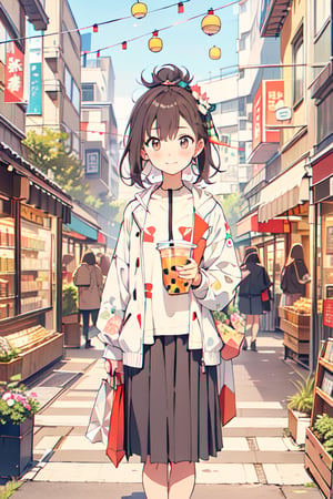 "Japanese illustration, flat style, cute and simple, fresh colors, modern urban scene. Full-body view of a young woman with short hair and her boyfriend, holding bubble tea and shopping bags. Both are wearing oversized, multi-layered outfits with a white inner layer as the main piece, and outer jackets. The woman is wearing a mid-length skirt. The background features a shopping street with flowers and geometric shapes. The image should be high resolution, suitable for a book cover."