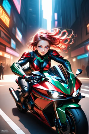 Sexy, A highly detailed and powerful image of a cyborg sweet face Japan gothic little girl in mecha armor,black and red colored armor,neon light lines glowing,exquisite face,She is very badass,Smiling sarcastically,soft shiny skin,rainbow hair blowing,blue eyes, sunglasses, riding a motor cycle,kawasaki ninja h2r at high speed, moonlight city street backdrop, dynamic pose, focused expression,realistic,detailed,masterpiece,best quality,sharp focus,high contrast,rule of thirds,depth of perspective,trending on artstation,chiaroscuro lighting, ek_ph0t0_b00ster,ek_art_b00ster,beauy_ks01, masterpiece, photorealistic, Perfect lighting, ultra hyper quality. Ultra hyper intricate detail. Majestic. fantasy. 8k resolution.