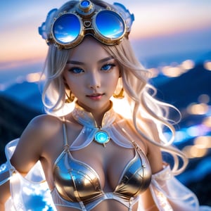 Close up. Mysterious and elegant personality, Beautiful young sweet face loli Japan half euro girl. smile. glowing blue cosmic eyes. highlights hair. Golden glasses. translucent fashion swimsuit. She is standing sexy on hill above the clouds. translucent gloves. She has extra gigantic bust. ultra hyper intricate detail. Sunset mixed night. black on white smoke layer. steampunk engine.