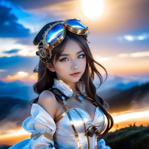 Show half her body. Mysterious and elegant personality, Beautiful young sweet face loli Japan half euro girl. smile. glowing blue cosmic eyes. highlights hair. Golden glasses. translucent nun. She praying on hill above the clouds. translucent gloves. She has extra gigantic bust. ultra hyper intricate detail. Sunset mixed night. black on white smoke layer. steampunk engine.