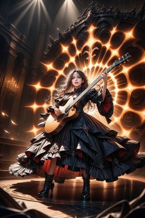 A stunning and highly detailed image of a beautiful gothic-style girl singer performing on an extravagant stage. She is dressed in a fantasy-inspired gothic outfit, singing and playing an electric guitar with passion. The stage is grand and visually powerful, featuring intricate gothic and fantasy-themed elements like dark chandeliers, elaborate backdrop designs, and dim atmospheric lighting. The overall mood is intense and vibrant, capturing the energy of a powerful music performance, with every detail appearing perfect and realistic, dynamic pose, dynamic expression, best texture,complex,masterpiece,hyper realistic,Perfect lighting,ultra quality,Ultra intricate detail