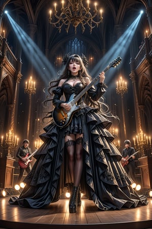 A stunning and highly detailed image of a beautiful gothic-style girl singer performing on an extravagant stage. She is dressed in a fantasy-inspired gothic outfit, singing and playing an electric guitar with passion. The stage is grand and visually powerful, featuring intricate gothic and fantasy-themed elements like dark chandeliers, elaborate backdrop designs, and dim atmospheric lighting. The overall mood is intense and vibrant, capturing the energy of a powerful music performance, with every detail appearing perfect and realistic, dynamic pose, dynamic expression, best texture,complex,masterpiece,hyper realistic,Perfect lighting,ultra quality,Ultra intricate detail