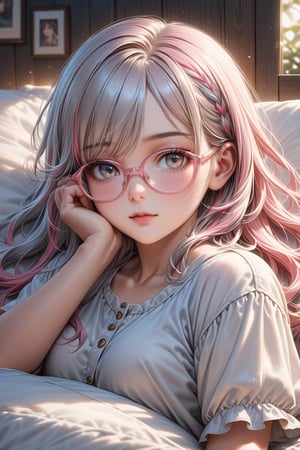 A highly realistic and beautifully detailed image of a young woman with a tanned, wearing light pink frame glasses, glowing hair streaked with bright multicolored hair, parted bangs hair over one eye, smooth complexion, wearing trendy, cute fashion typical of teenage girls. She is peacefully asleep, with her head resting on the viewer's shoulder, radiating an adorable and serene expression even in her sleep. The setting exudes warmth and romance, creating an intimate, cozy ambiance that highlights her charm and the tender connection with the viewer., best texture,complex,masterpiece,hyper realistic,Perfect lighting,ultra quality,Ultra intricate detail