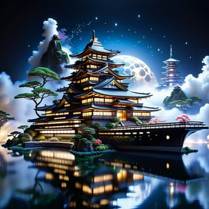 Epic, Majestic, Ultra hyper intricate detail, ultra-sharp, A Pacific Battleship Yamato is located on Hill above the clouds. features a clear reflecting small pool. a garden with various flowers, waterfalls. small river and a pavilion for sitting and drinking tea prominently located in the garden. The night moonlight mixed cosmic universe.