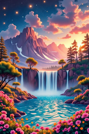 majestic and powerful beauty of gigantic waterfalls. a crystal-clear lagoon. glass glowing flowers. light from fireflies. The night was full of golden stars and the Milky Way could be seen. Big mountain high above the clouds. Fantastic. Ultra hyper intricate detail. Magnificent. Meticulous. photorealistic. best quality., digital art, professional style, detailed image, masterpiece quality, attractive image, details,--3:4,--niji6,colored pencils