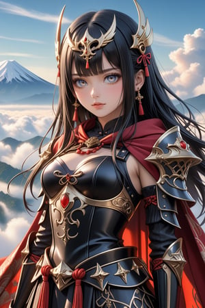 Sexy, close up, Show her half full body, A highly detailed and powerful image of A Beautiful mysterious sweet face young japan little girl with a gothic aesthetic, face has high definition. glowing eyes. long straight black hair streaked with blonde hair, blunt bangs, adorned with hair clips. Mask. Wears a divine Valkyrie full armor. red shawl. She standing gracefully on Hill above the clouds, unimaginably beautiful. Fantastic, ultra hyper quality. Ultra hyper intricate detail. Majestic. fantasy. 8k resolution.