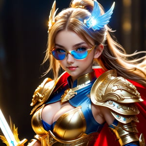 Ultra hyper intricate detail. Magnificent. Majestic. Meticulous. Beautiful young sweet face sexy girl. gentle smile. glowing blue eyes. twin ponytails highlights hair. She has extra gigantic bust. Wears Golden glasses. Golden Divine knight mini crystal armor and with red cloth. She held her sword firmly in her hand and prepared to fight like an expert in combat.