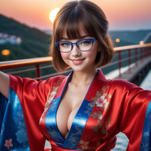 Close up, Show half her body, Only beautiful young cute Russia 9 years old girl, Her face has high definition. smiling gently. glowing blue eyes. short highlights hair with blunt bangs. wear glasses. She has extra gigantic bust, an extremely large, naturally full and round bust. She wears mini sexy kimono and red clothes. Shining cross-shaped. her pose is natural and elegant, She sitting in such a way that can clearly see her full whole body and her legs apart very voluptuous appearance. sunset mix with moonlight. on a suspension bridge. ultra hyper intricate detail.