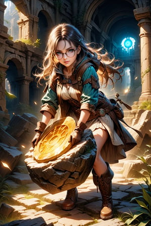 An exquisite, highly detailed, and realistic image of a beautiful glasses-wearing young woman who is a treasure hunter. She is dressed in expert adventurer attire, complete with practical yet stylish clothing, sturdy boots, and gloves. She is attempting to pull a legendary glowing magical sword embedded firmly in a large stone. The expression on her face combines intense determination and a bit of adorable frustration, conveying her effort to pull the sword out. The scene has a mix of a serious and slightly humorous atmosphere, highlighting her endearing persistence. The background has a mystical setting, surrounded by ancient ruins and glowing symbols. Soft, magical lighting enhances the atmosphere, creating a sense of wonder and adventure., best texture,complex,masterpiece,hyper realistic,Perfect lighting,ultra quality,Ultra intricate detail